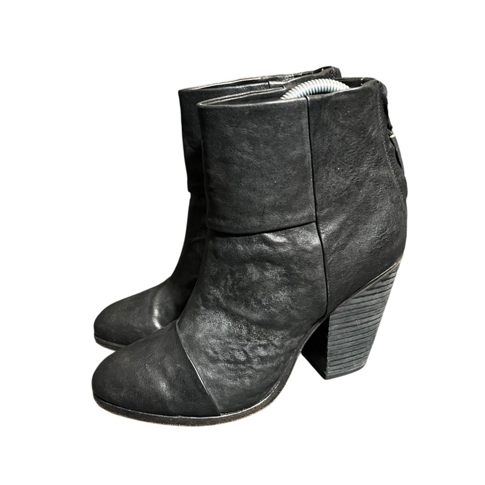 Rag & Bone Newbury Ankle Boots Womens 37 US 7‎ Black Leather Back Zip Block Heel